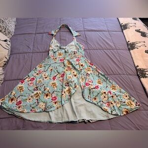 Blue and Cream Halter Midi Sundress for Wedding Guest